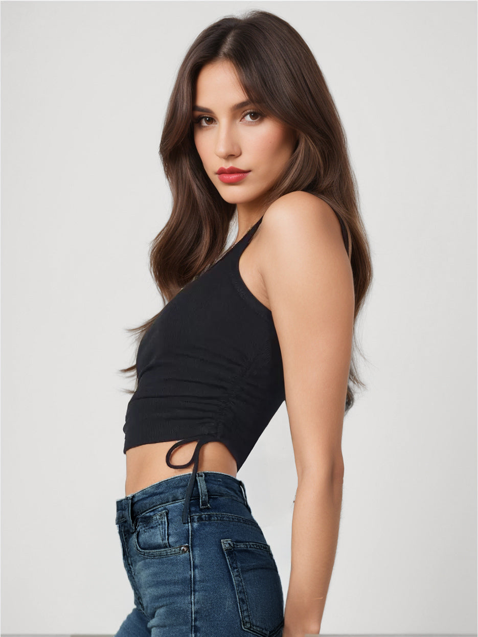 Simple Cami Tops Round Neck Drawstring Convertible Casual Camis