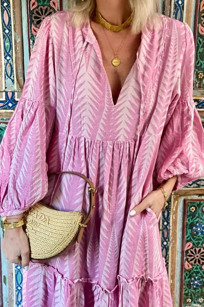 Marrakech Stories Linen Blend Printed Balloon Sleeve Pocketed A-line Midi Dress