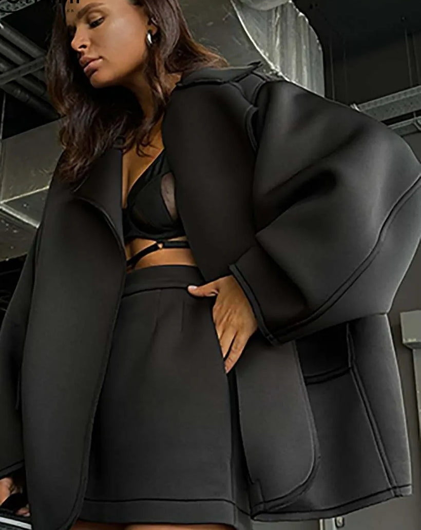 Black Knitting Loose Pockets Shorts Office Two Piece Set