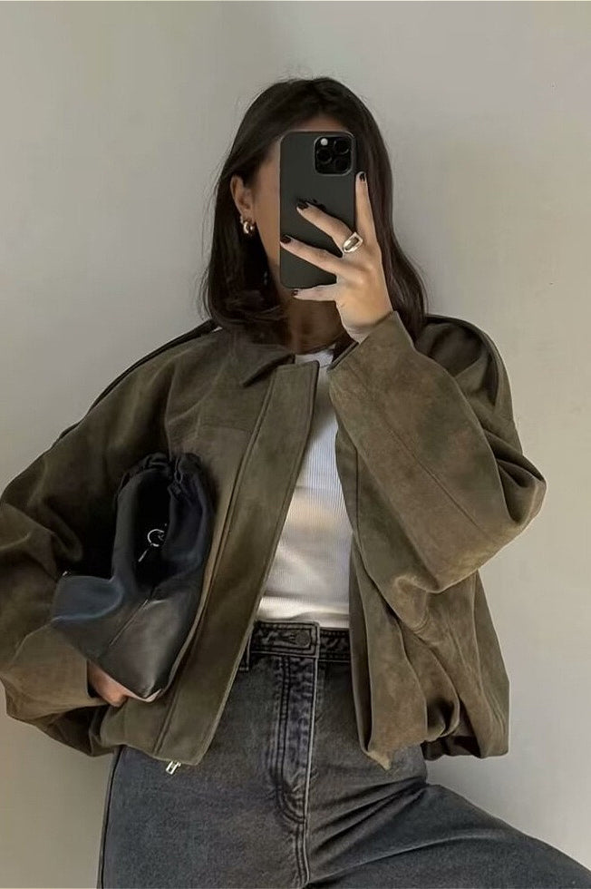 Chic Velvety Textured Bomber Jacket