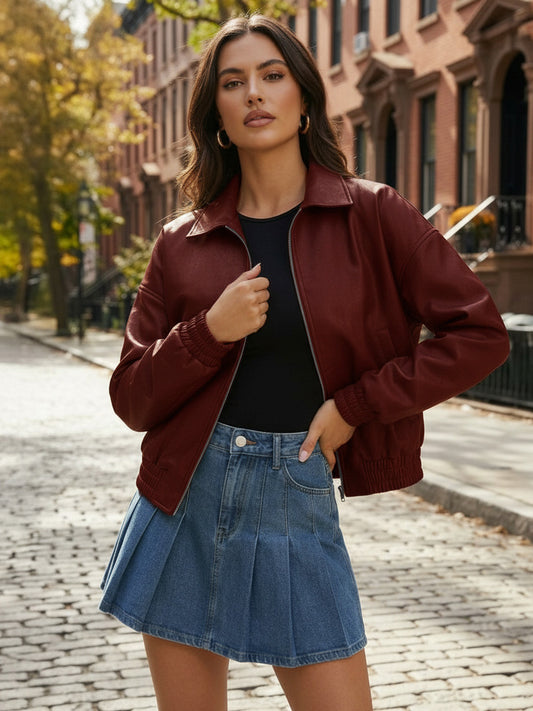 Vintage Oversized Faux Leather Bomber Jacket With Elastic Hem For Women 2026