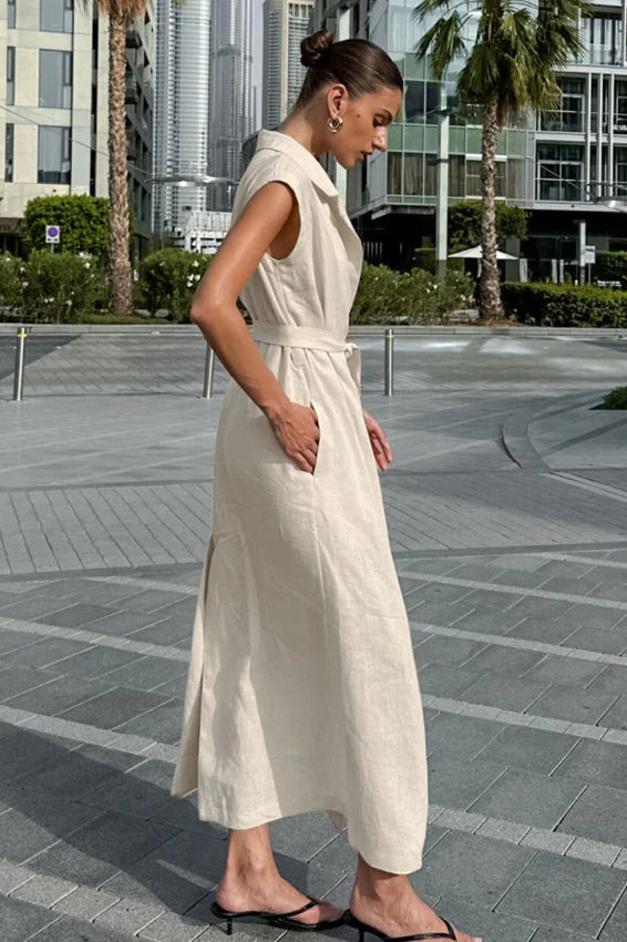 Khaki Cotton Linen Belted Shirt Maxi Dress