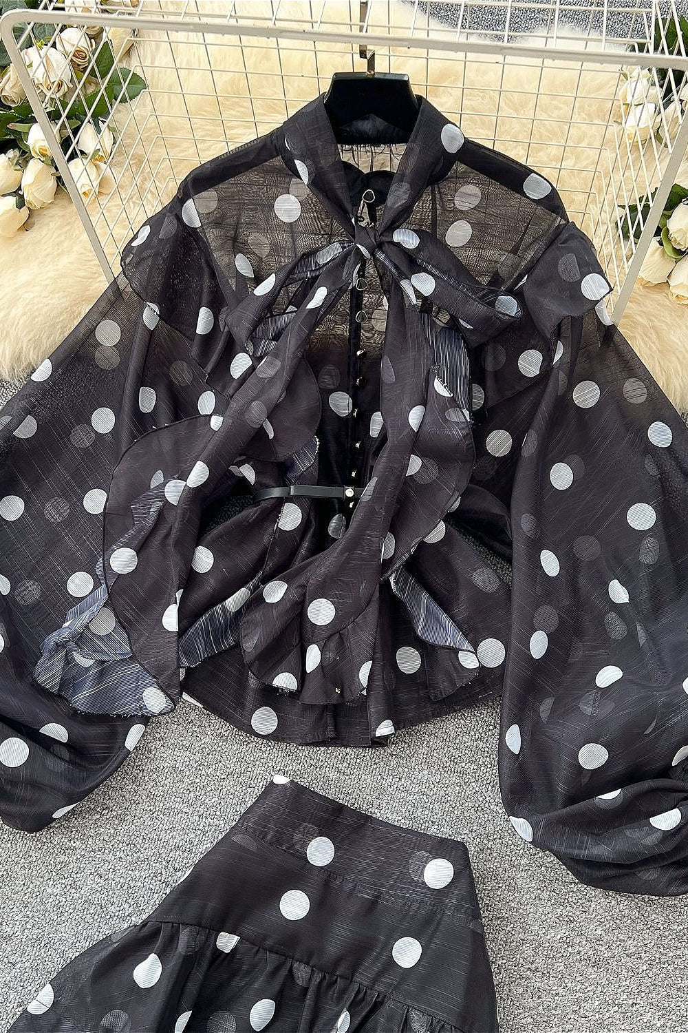 Polka Dot Blouse Mermaid Skirt Two Pieces Set