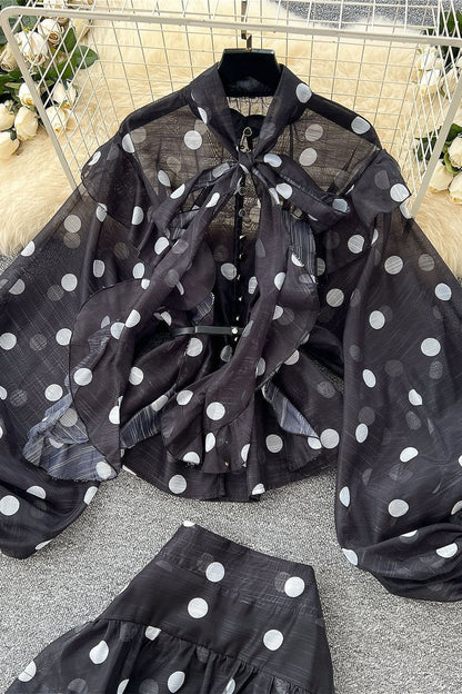 Polka Dot Blouse Mermaid Skirt Two Pieces Set