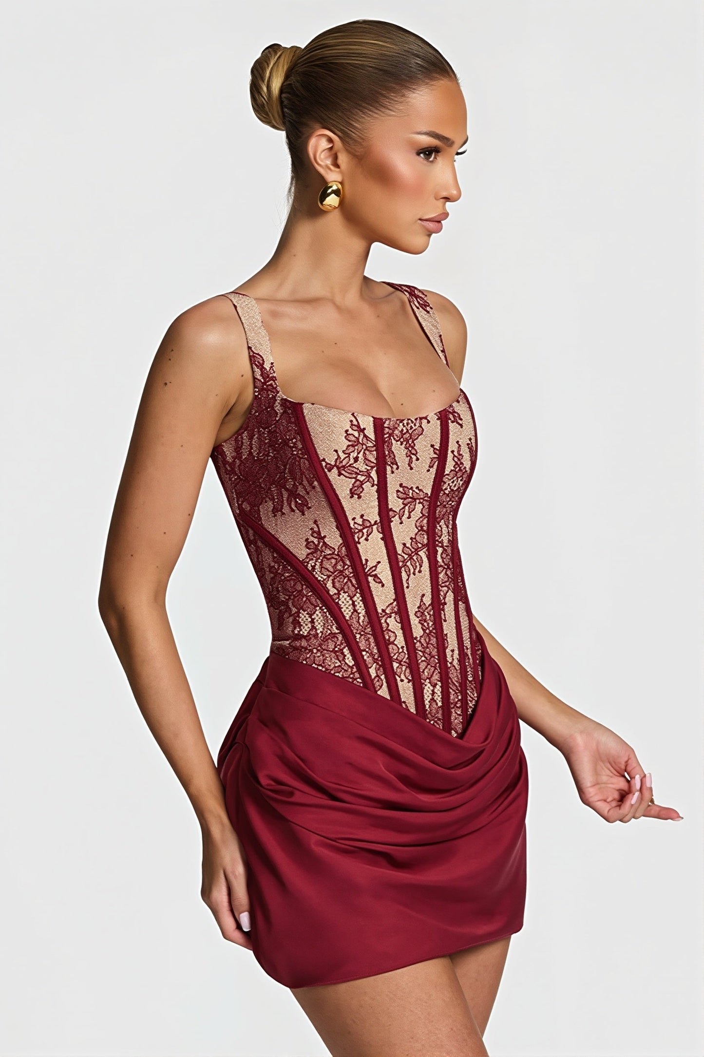Floral Lace Corset Bodice Draped Satin Ruched Mini Dress