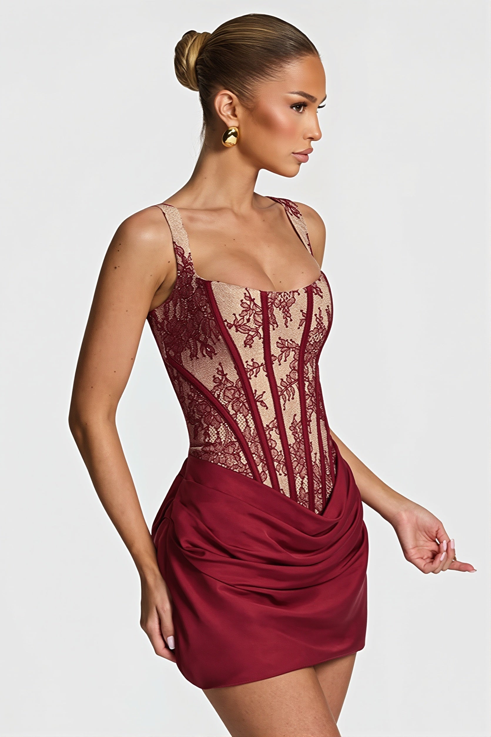 Floral Lace Corset Bodice Draped Satin Ruched Mini Dress
