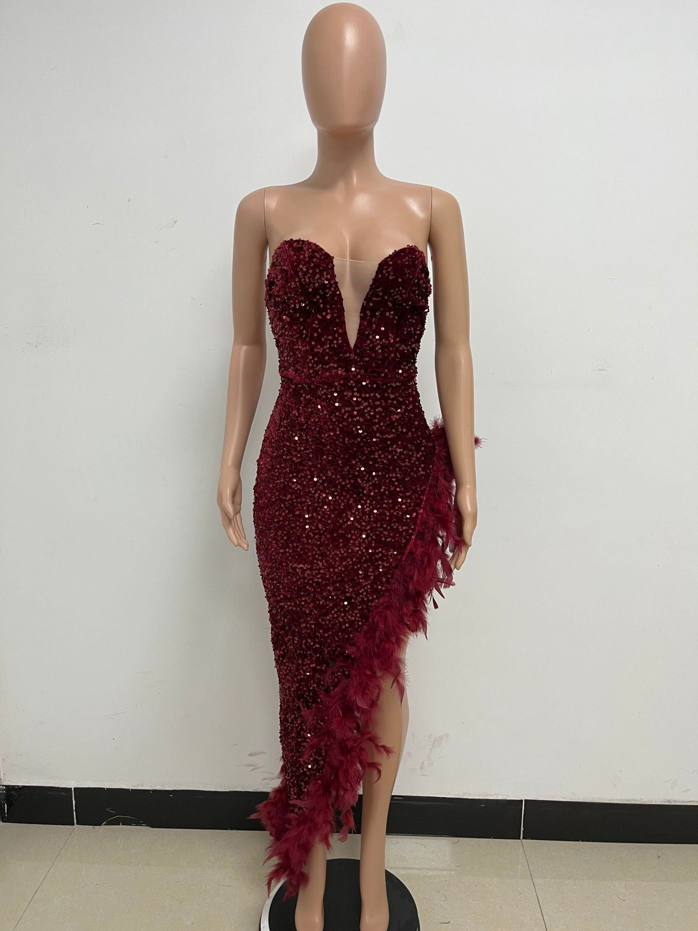 Burgundy Sequin Dresses Strapless Plunge Lace-up Back Feather Birthday Party Dresses