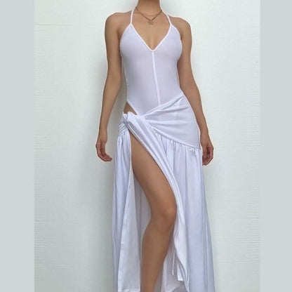 Halter v neck knotted slit maxi skirt set-final-sale