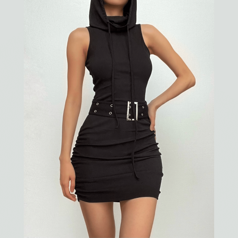Hooded Mock Neck Eyelet Belt Ruched Side Mini Dress