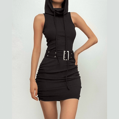 Hooded Mock Neck Eyelet Belt Ruched Side Mini Dress
