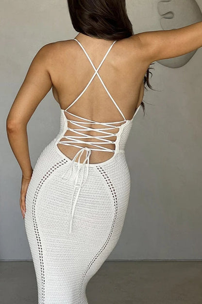 Crochet Plunging V-Neck Spaghetti Strap Corset Paneled Maxi Dress