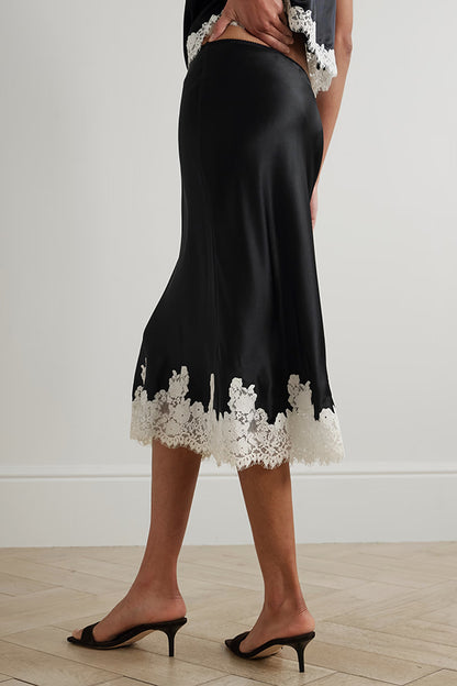 Celebration Look Contrast Color Satin Lace Trim Elastic Waist Drape Midi Skirt