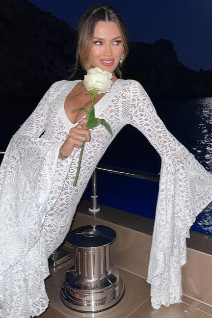 Plunging V-Neck Crochet Lace Bell Sleeve Bodycon Mini Dress