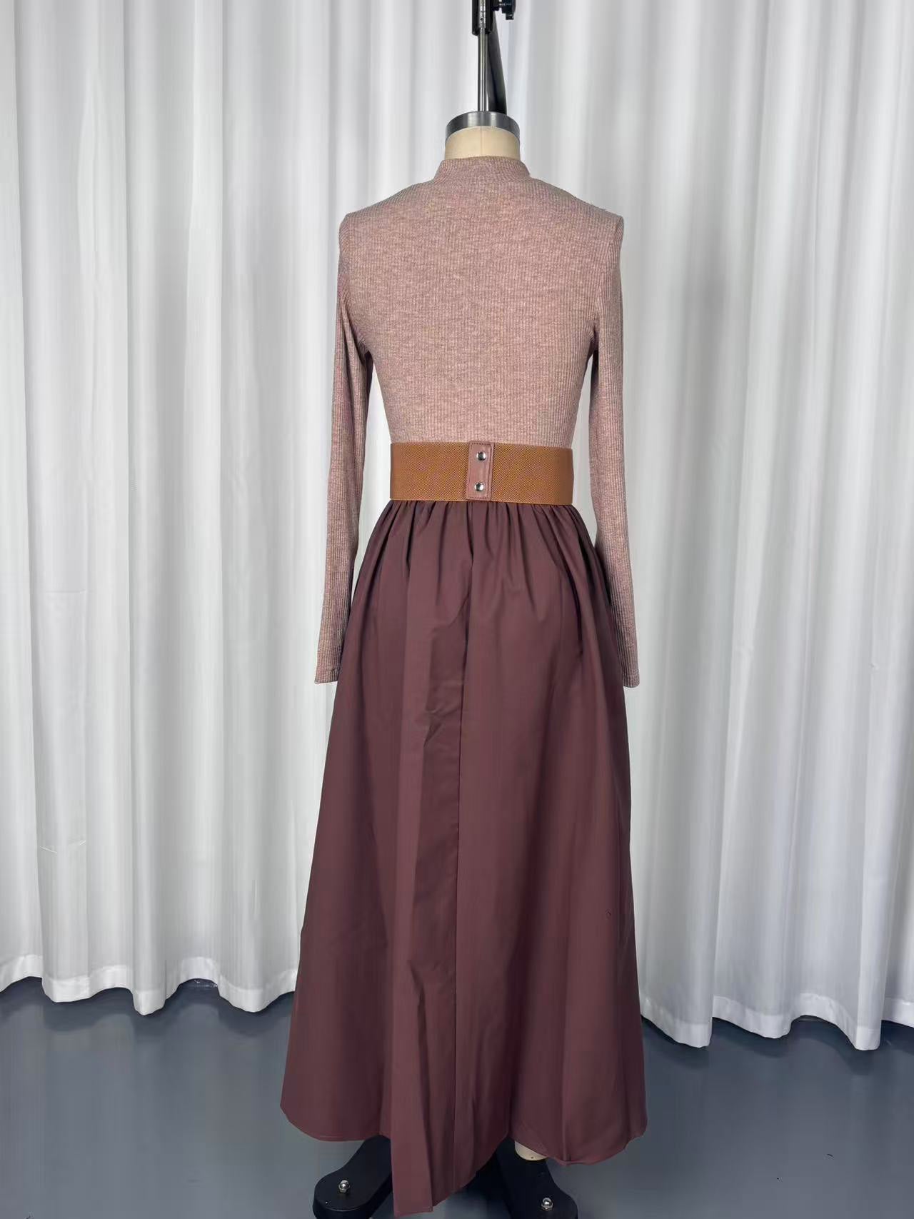 Half Zip Ribbed Knit Patchwork Belted Long Sleeve A-Line Maxi Dress For Women 2026