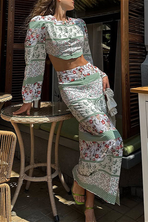 Printed Long Sleeve Crew Neck Cropped Top Split Bodycon Skirt Two Piece Set