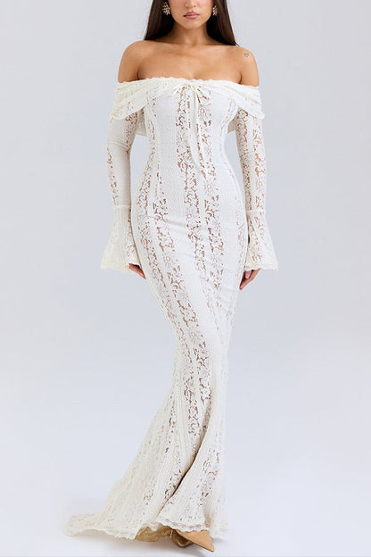 Floral Lace Off Shoulder Flare Sleeve Fishtail Maxi Dresses-White