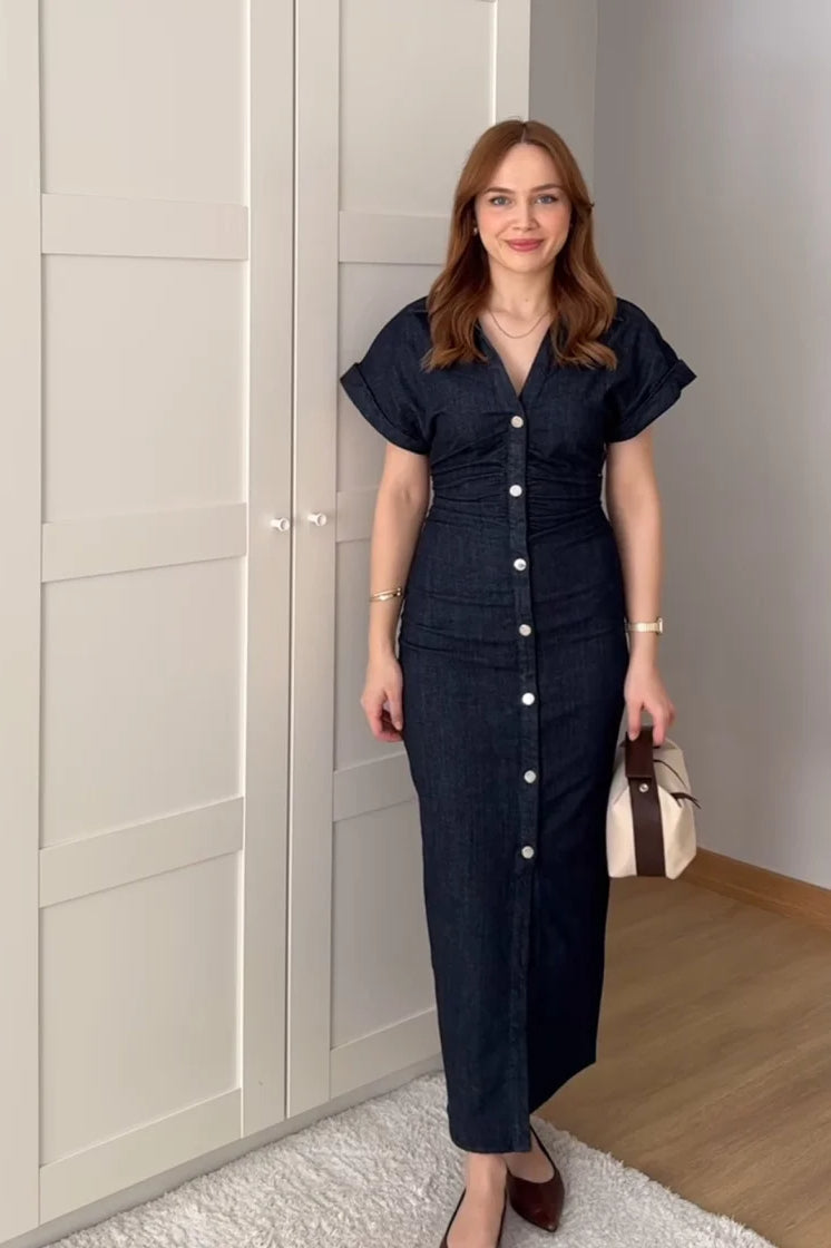 Lapel Collar Button Front Ruched Waist Denim Maxi Dress