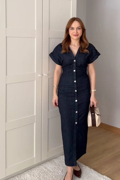 Lapel Collar Button Front Ruched Waist Denim Maxi Dress
