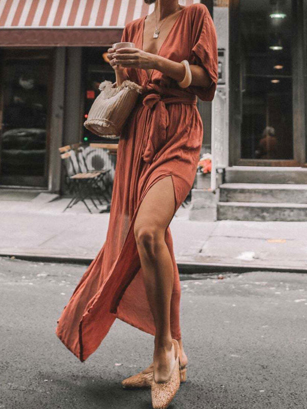 Deep V Neck Maxi Dress for Women - Boho Kimono Half Sleeve Belted Side Slit Kaftan Dress - Summer Beach Vacation 2026