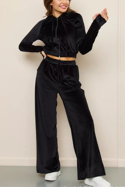 Fashion Zipper Open Velvet Casual Two -piece Suit
