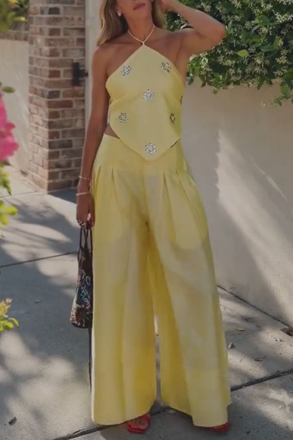Jamie Satin Sparkling Flowers Halter Backless Tank and High Rise Pocket Wide Leg Pants Set