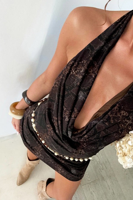 Snakeskin Print Halter Cowl Neck Bodycon Mini Dress