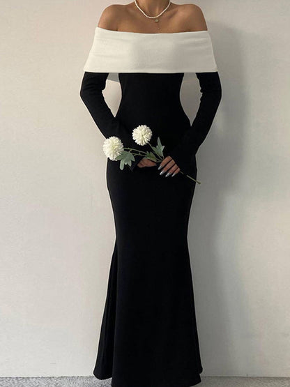 Contrast Color Trim Off Shoulder Long Sleeve Maxi Dress
