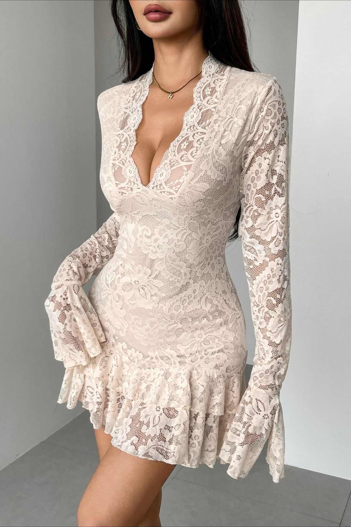 Floral Lace Deep V Scalloped Bell Cuff Tiered Ruffle Mini Dress