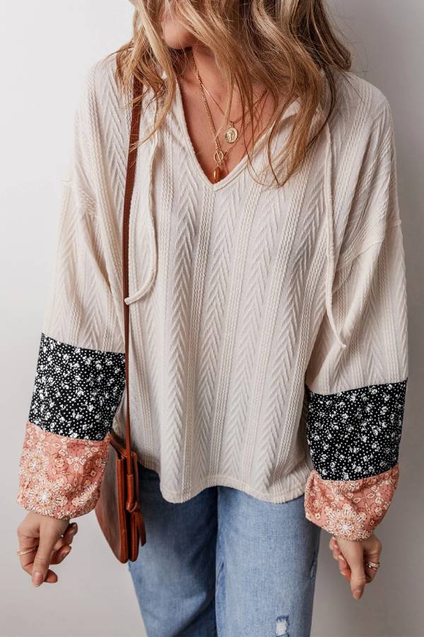 Beige Floral Patchwork Textured Drawstring V Neck Top