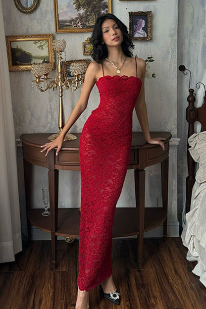 Elegant Red Lace Strapless Cami Bodycon Maxi Dress