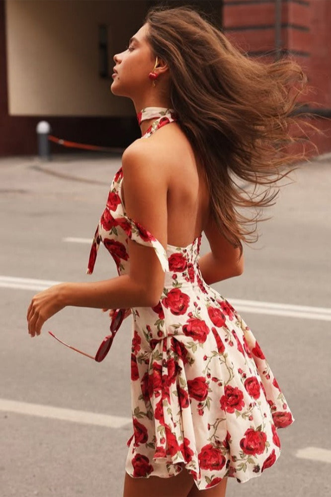 Print Halter Neck Tie Strap Deep V-Neck Backless Mini Dress