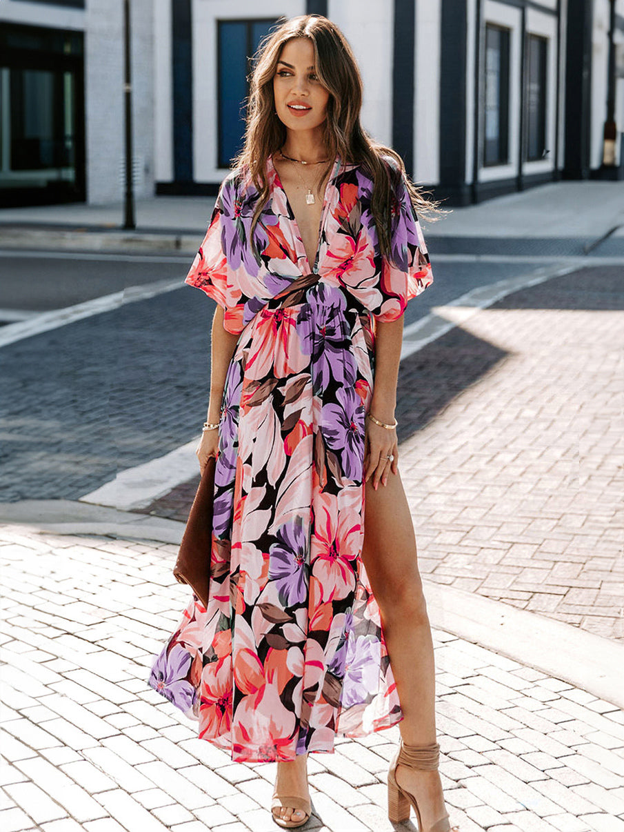 Deep V Neck Tropical Floral Maxi Dress for Women - Multi Print Split Hem Boho Dress - Summer Beach Vacation 2026
