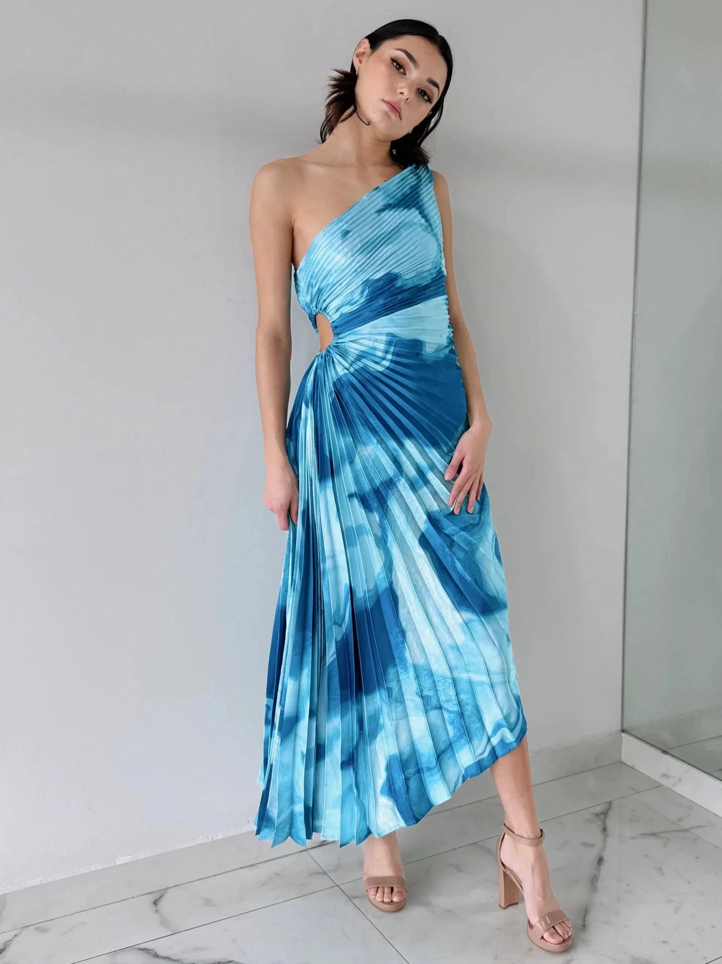 One Shoulder Tie Dye Print Pleated Cutout Dress