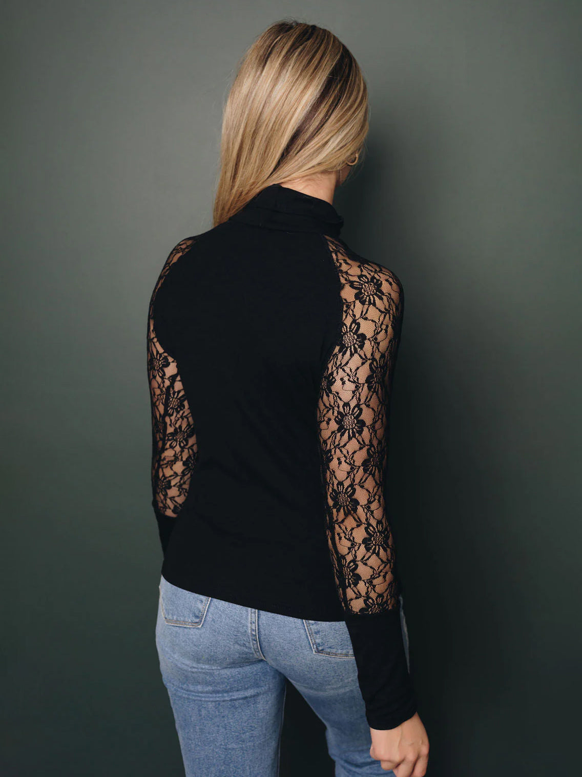 Lace Long Sleeves Tees High Collar Black Sexy Women's Top
