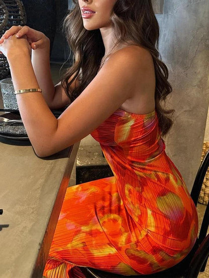 Printed Pleated Bandeau Tube Maxi Dress