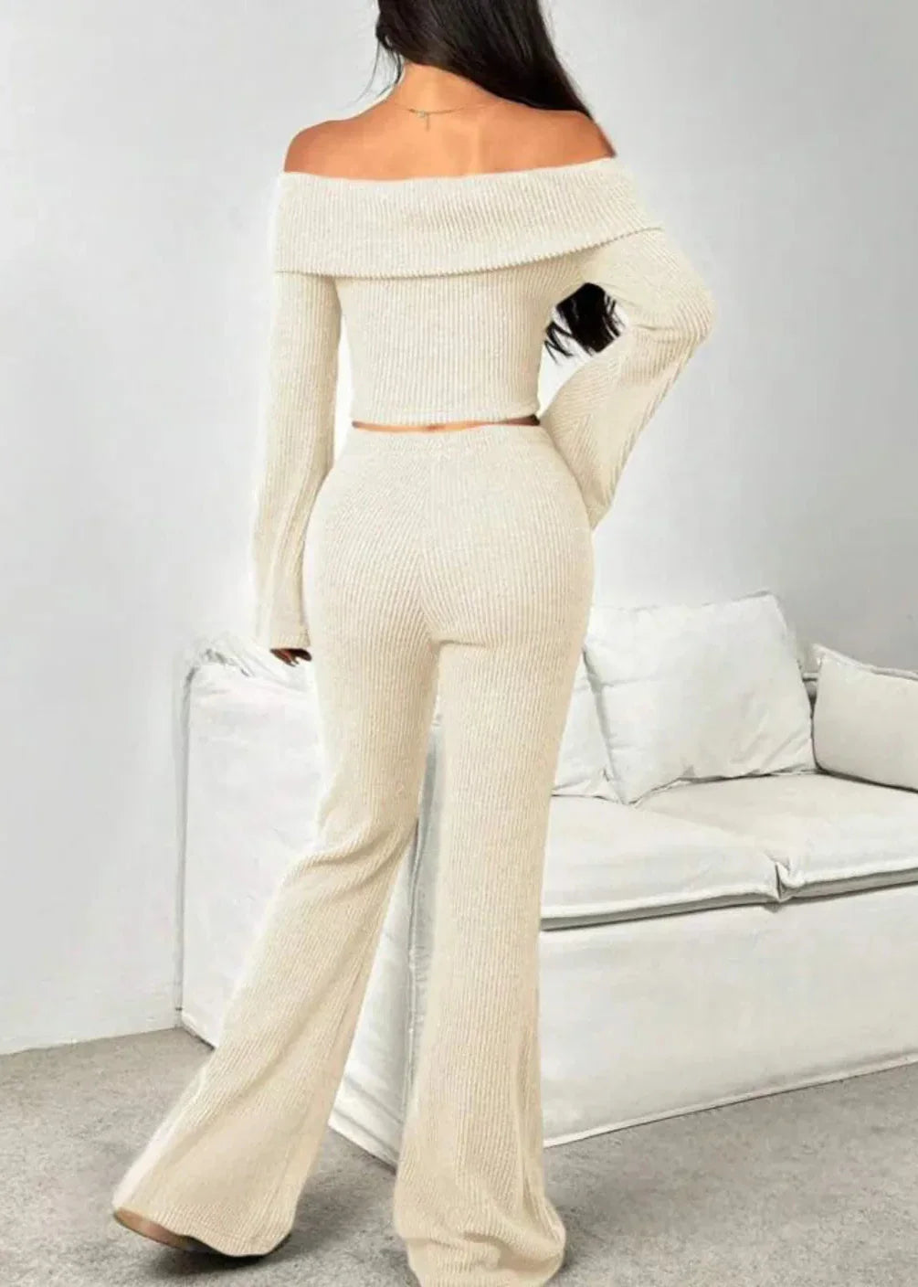 Off-the-Shoulder Ribbed Knit Lounge Set