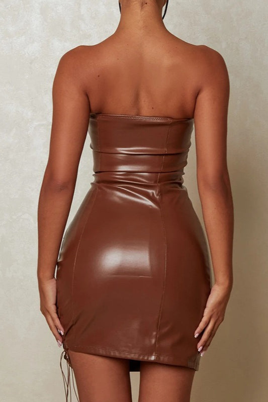 Strapless Faux Leather Criss Cross Lace Up Cut Out Bodycon Mini Dress