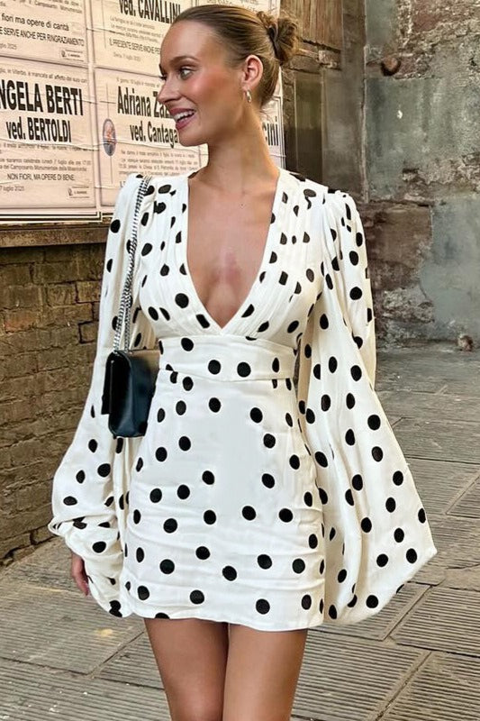 Polka Dot Deep V-Neck Balloon Sleeve Cinched Waist Bodycon Mini Dress