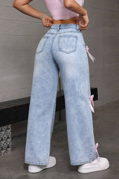 Y2K Bow Applique Washed Relaxed Jeans