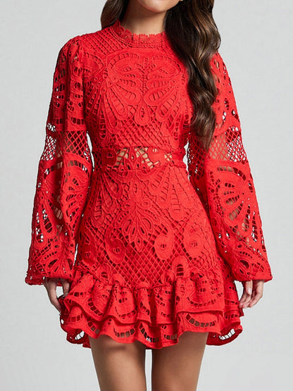 Lantern-style Long-sleeved, Fitted A-line Dress With Ruffled Hem And Water-soluble Lace.