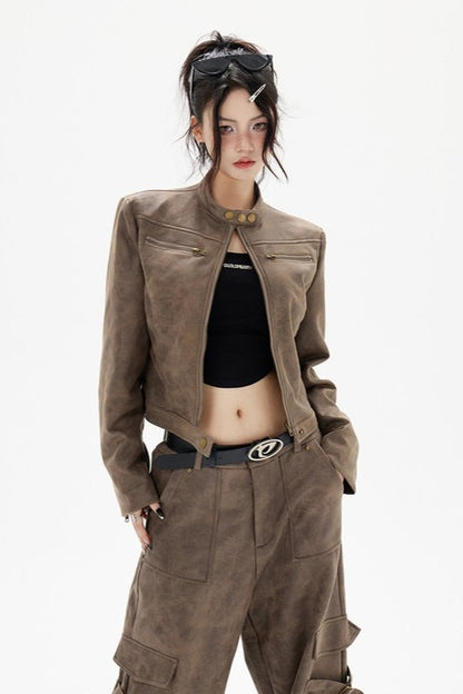 Cropped Biker Style Leather Jacket