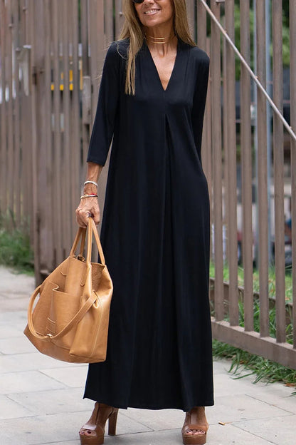 Solid Color V Neck Comfy Dresses