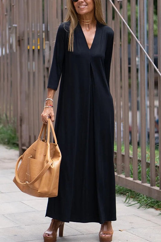Solid Color V Neck Comfy Dresses