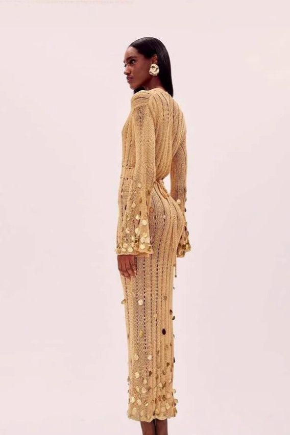 Sexy V Neck Belted Sequin Knit Long Boho Dress