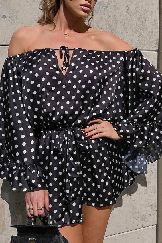 Polka Dot Off Shoulder Bell Sleeve Tie Neck Ruffle Hem Romper