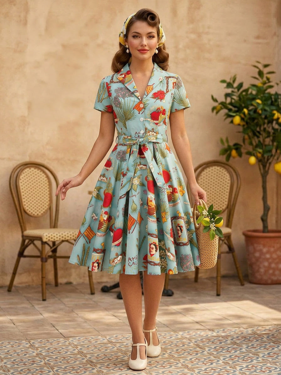 Vintage Printed Tea Dress for Women - 1950s A-Line Belted Short Sleeve Rockabilly Swing Midi Dress - Holiday Picnic 2026