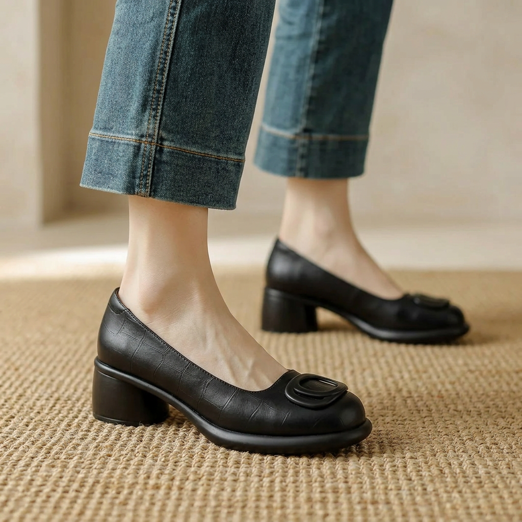 Women's Brown Closed-Toe Leather Shoes With Block Heels – Stylish Comfortable Footwear