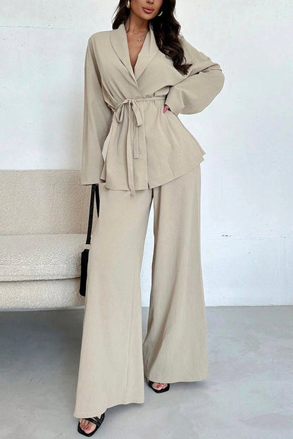 Solid Color Collared Long-sleeved Tie-waist Loose Top and Elastic Waist Casual Wide-leg Pants Set