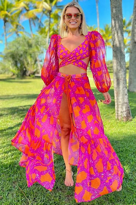 Long-Sleeve Tie-Up Printed Swimsuit Set