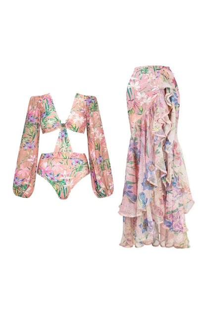 Mesh Patchwork Printed Long Sleeve Swimsuit